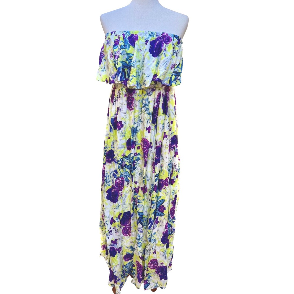 Torrid Floral Challis Strapless Maxi Dress 1X 14-16 Purple Lime Green Smocked